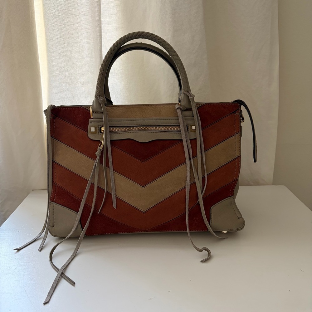 Rebecca Minkoff Chevron Suede Leather Reagan Satchel Handbag - Picture 2 of 10